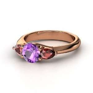  Triad Ring, Round Amethyst 14K Rose Gold Ring with Red 