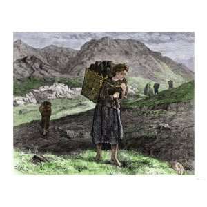  Barefoot Irish Peat Gatherers on the Moors, 1800s Giclee 