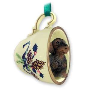  Dachshund Green Holiday Tea Cup Dog Ornament   Wire Haired 