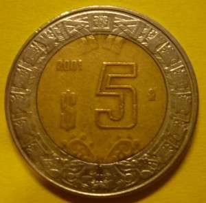 Cinco Pesos 2001 $5 Mexico Coin Estados Unidos Mexicanos Used 