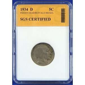  1934 D Indian Head / Buffalo Nickel Certified by SGS 