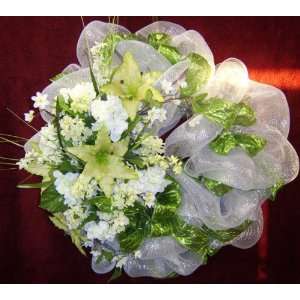 Spring Wreath for Front Door White 24 Inch with Green Ribbon Lilies 