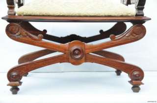   Revival Ornate Rosewood Curule Bench, Newly Upholstered,19th c.  