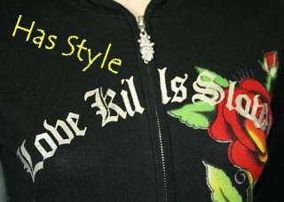 Ed HARDY Womens LOVE KILLS tattoo Hoodie sweater Rose  