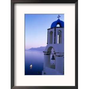 Church Belltower Tower and Yacht at Sea Below, Oia, Santorini Island 