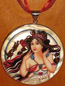 Russian UNIQUE hand painted SHELL pendant MUCHA Music REPRO 