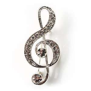    Small Silver Tone Crystal Music Treble Clef Brooch Jewelry