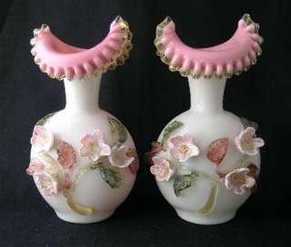 English art glass pink cased vases w/appd. flowers,pair  