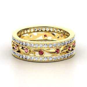  Sea Spray Band, 14K Yellow Gold Ring with Red Garnet 
