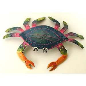  Blue & Pink Hand Painted Metal Crab   Tropical Home Decor 