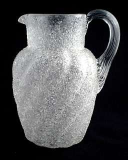 Overshot blown art glass craquelle milk pitcher, 7 h  