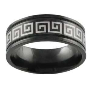   Steel Greek Key Design Double Groove Black Flat Band Jewelry