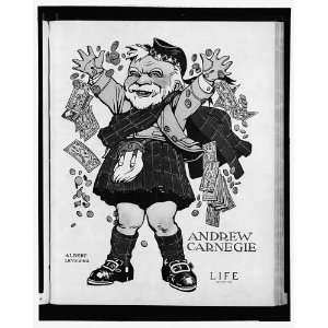   Andrew Carnegie,1835 1919,wearing kilt,throwing money