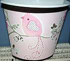 CLARA PENELOPE Girls Pink Brown Bird Trash Can Wastebasket mw Pottery 