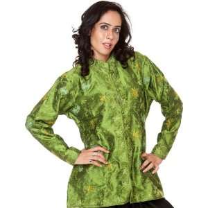 Oguana Green Jacket from Kashmir with Ari Embroidered Flowers All Over 