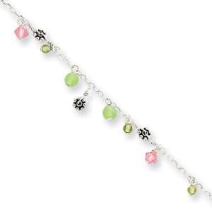  Multi Color Beaded Anklet in Sterling Silver, 9 inch 