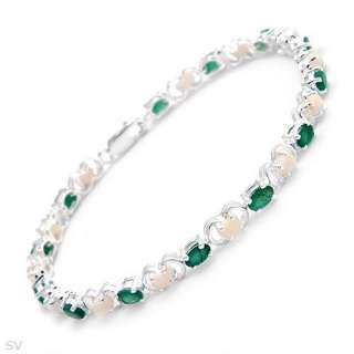 Sterling Silver Genuine Opal Green Emerald Bracelet Thailand  