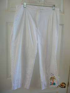 Leslie Fay White Cotton Spandex Stretch Tropical Embroidery Crop Pants 