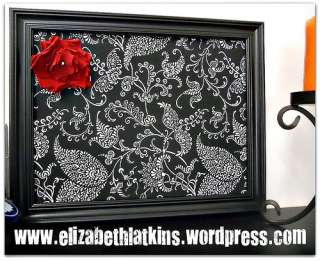   & White Paisley Fabric Covered Magnet Board set in Black Wood Frame