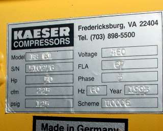 50 HP KAESER BS 61 ROTARY SCREW AIR COMPRESSOR, 125 PSI, 225 CFM, 460 