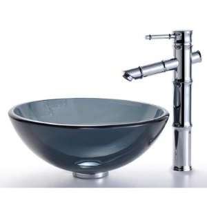   1300 Clear Black Glass Vessel Sink and Bamboo Faucet