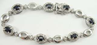 Sterling Silver Sapphire Bracelet Oval Cut Diamond 7.5 Inch  