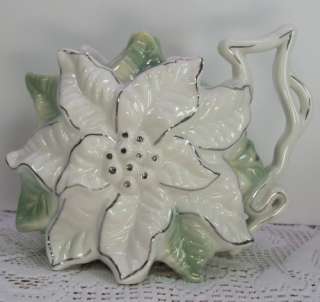 Porcelain White Poinsettia TeaPot Mint Green Leaves Christmas Tea Pot 