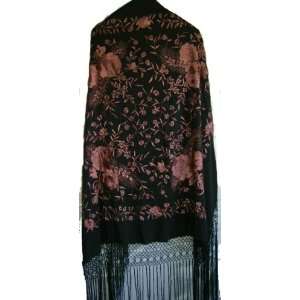   Piano Shawl Black with Red Brown Flamenco Floral
