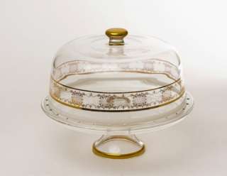 NEW ITALIAN CRYSTAL DOME CAKE PLATE W/GOLD ARTWORK  