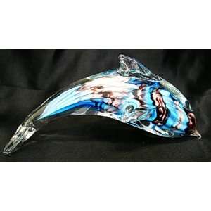  New Hand Blown Glass Blue Swirl Dolphin Paperweight