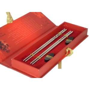  4 (2 Pairs) Silver Chopsticks & Holders Set in Gift Box 