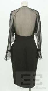 Thierry Mugler Vintage Black Wool Snap Front Sheer Sleeve Dress Size 