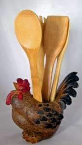 Rooster Kitchen Utensil Holder + 4 Wood Items Chicken New  