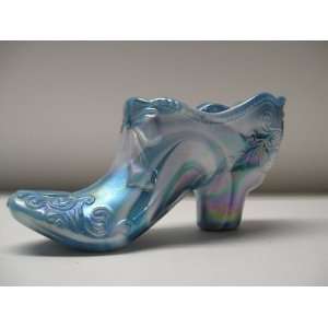   Blue & White Slag Carnival Glass Bow Slipper 