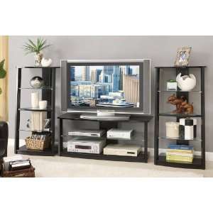  3pc Entertainment Center Set with Glass Shelf in Black 