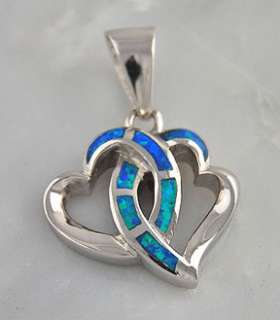 Sterling Silver Blue Opal Double Heart Inlay Pendant  