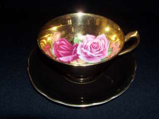 Paragon Bone China Cup & Saucer Black Gold Roses EUC  