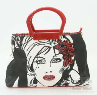 Isabella Fiore Black & White Graphic Print & Red Beaded Handbag  