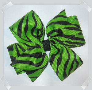   Pinwheel Style Grosgrain Hair Bow in Neon Green & Black ZEBRA Print