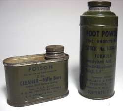 TWO VINTAGE MILITARY TINS * FOOT POWDER & RIFLE CLEANER  