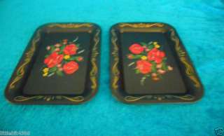 NEW PAIR TOLE WARE TRAYS FLORAL BLACK / RED ROSES  
