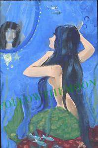 Black Haire Mermaid Looking glass Sea Ocean Painting  