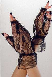 Gloves Fingerless Wrist Blk Rose Lace Ruffle Victorian  