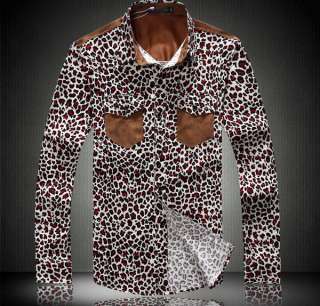 New Mens Fashion Hot Cool Leopard Stylish Long Sleeve Casual Dress 