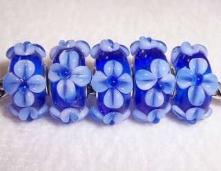 Blue Blossom Flower Lampwork Glass Beads fit European Charm Bracelet 