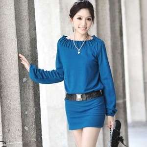 New Korea Graceful Blue Fold Collar Long Sleeve Dress  