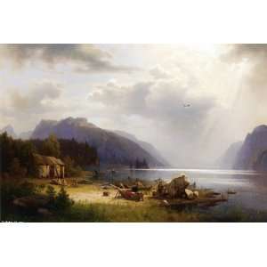 FRAMED oil paintings   Herman Herzog   24 x 16 inches   Fishing in an 