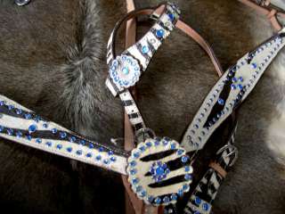 SET BRIDLE BREAST COLLAR WESTERN LEATHER HEADSTALL BLUE  