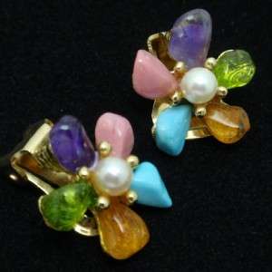Swoboda Earrings Vintage Flowers w Semi Precious Stones  