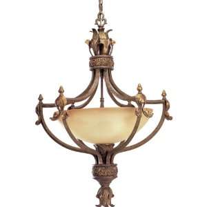   96C Three Light Foyer Fixture with Antique Stone Glass, Sable Crackle